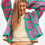 Two-Tone Floral Square Crochet Open Knit Cardigan