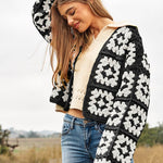 Two-Tone Floral Square Crochet Open Knit Cardigan