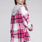 Plaid Drawstring Hooded Fleece Shacket