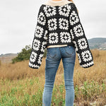 Two-Tone Floral Square Crochet Open Knit Cardigan