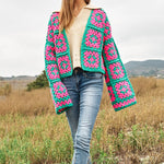 Two-Tone Floral Square Crochet Open Knit Cardigan