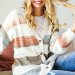 Ivory Striped Button Down Fuzzy Knit Cardigan