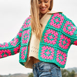 Two-Tone Floral Square Crochet Open Knit Cardigan