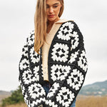 Two-Tone Floral Square Crochet Open Knit Cardigan