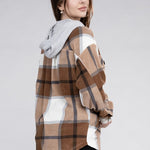 Plaid Drawstring Hooded Fleece Shacket