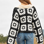 Two-Tone Floral Square Crochet Open Knit Cardigan