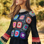 Floral Crochet Striped Sleeve Cropped Knit Sweater