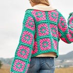 Two-Tone Floral Square Crochet Open Knit Cardigan