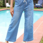 Denim Blue High Rise Drawstring Cropped Jeans