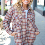 Be You Best Taupe Plaid Quilt Lined Button Down Shacket