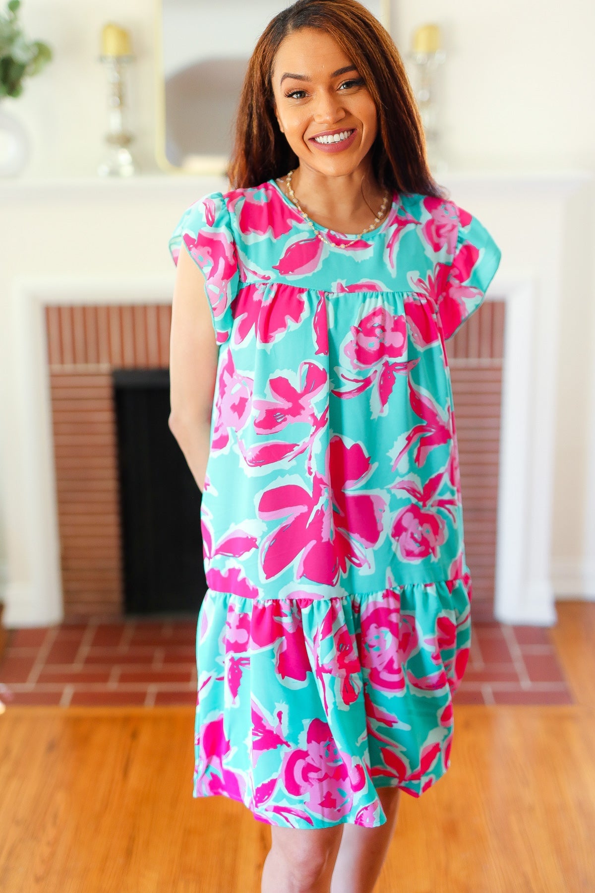 Diva Dreaming Aqua & Fuchsia Floral Print Tiered Ruffle Sleeve Dress