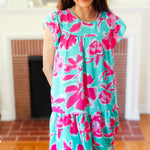 Diva Dreaming Aqua & Fuchsia Floral Print Tiered Ruffle Sleeve Dress