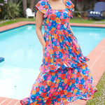 Follow Me Aqua Floral Print Square Neck Tiered Ruffle Maxi Dress