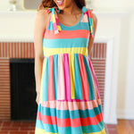 Start The Day Rainbow Stripe Shoulder Tie Tiered Dress