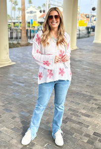 White Floral Print Knit Hoodie