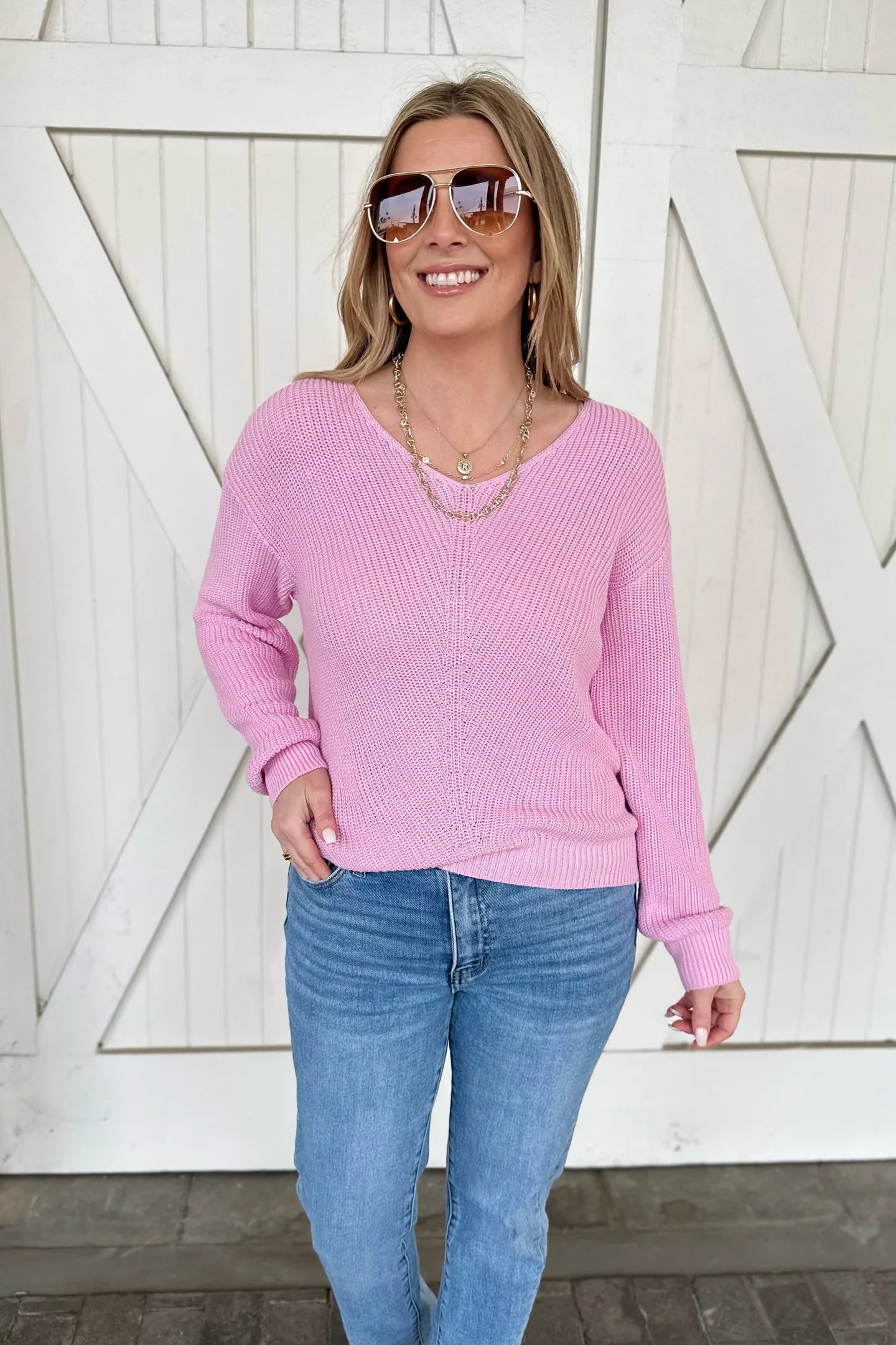 Pink Ribbed Knit V Neck Sweater