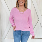 Pink Ribbed Knit V Neck Sweater