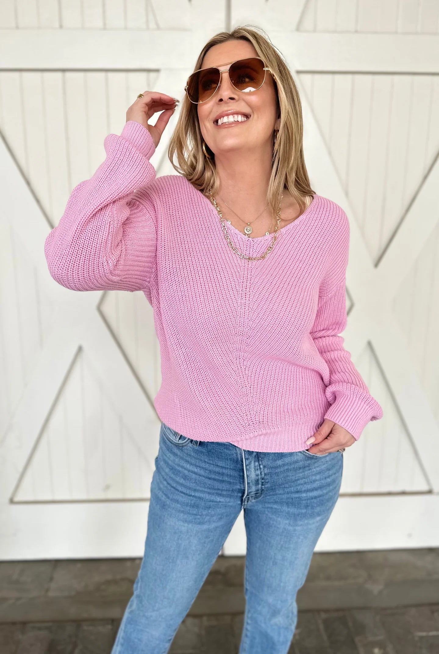 Pink Ribbed Knit V Neck Sweater