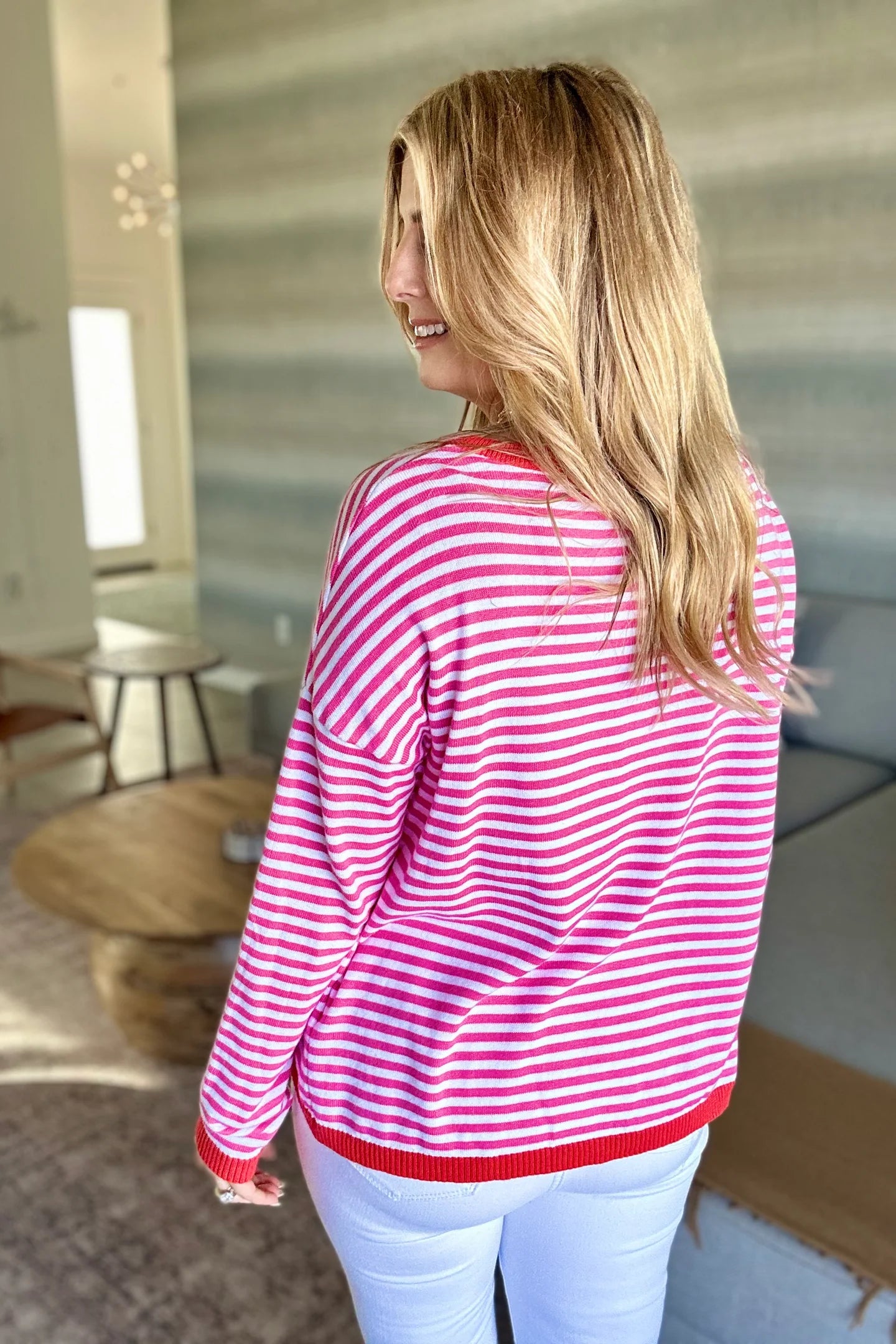 Pink Contrast Trim Striped Sweater