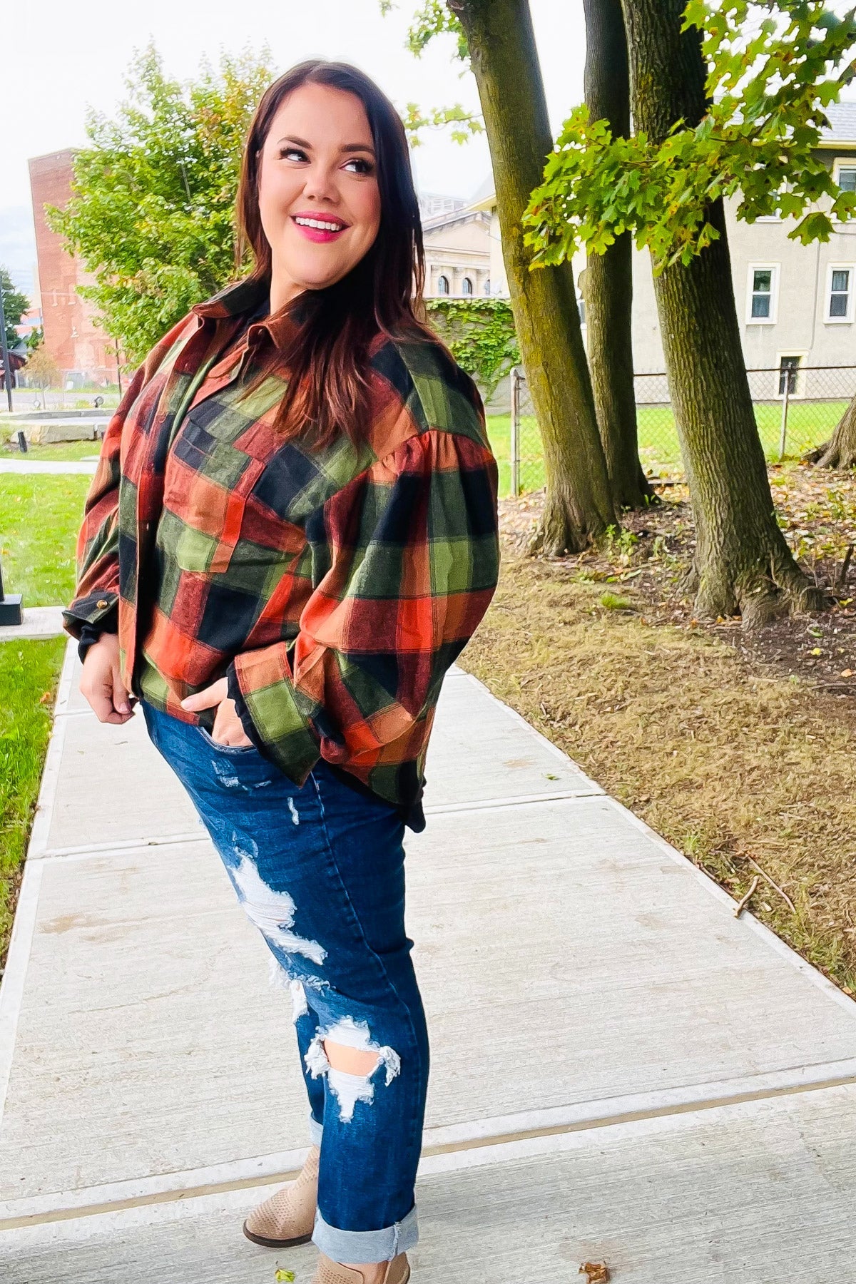 Rock'n Plaid Olive & Rust Button Down Oversized Shirt