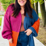 Dazzle In Magenta & Navy Chunky Knit Color Block Cardigan