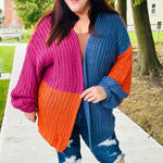 Dazzle In Magenta & Navy Chunky Knit Color Block Cardigan