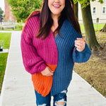 Dazzle In Magenta & Navy Chunky Knit Color Block Cardigan