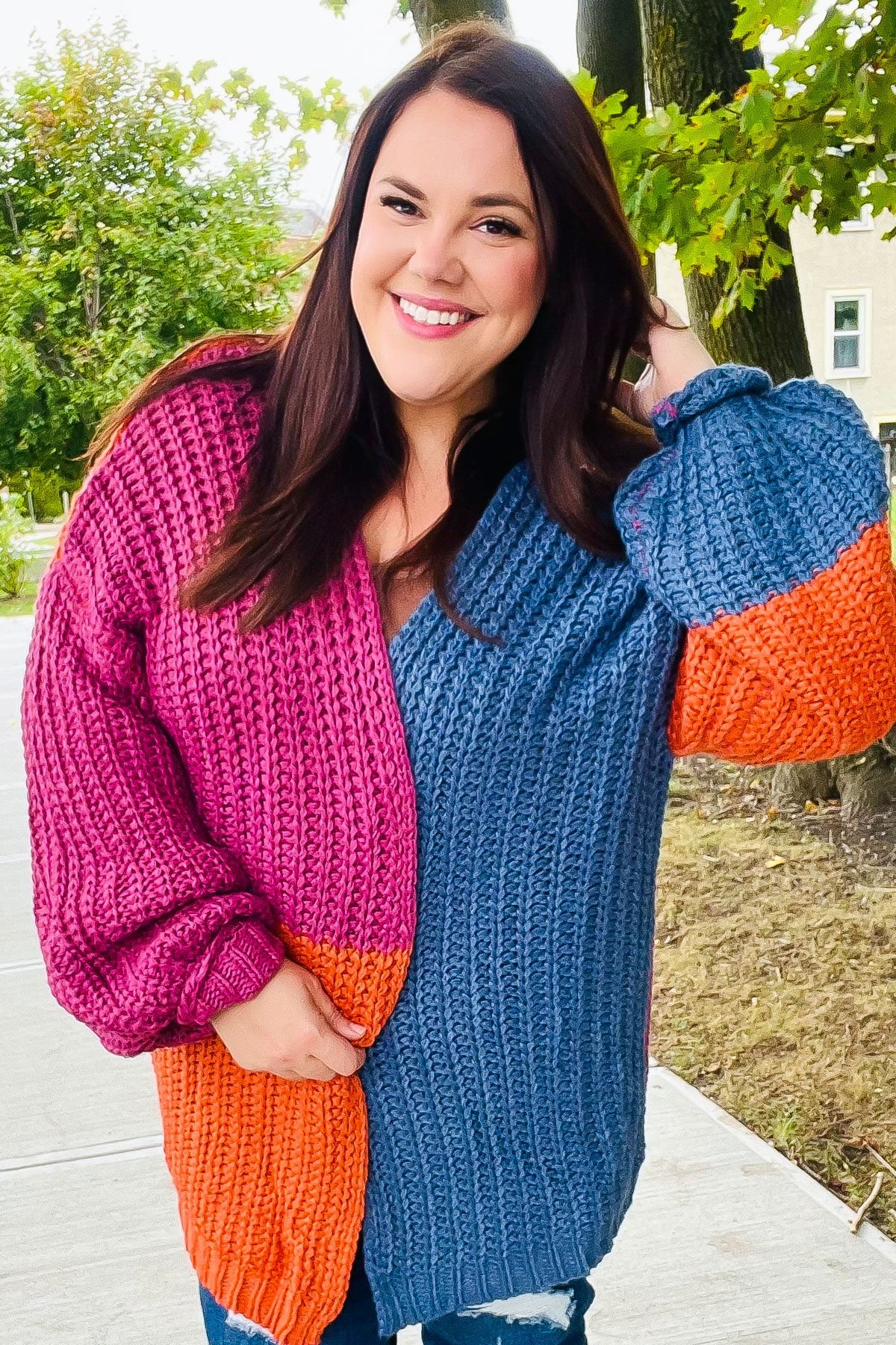 Dazzle In Magenta & Navy Chunky Knit Color Block Cardigan