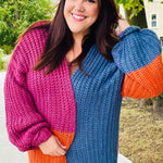 Dazzle In Magenta & Navy Chunky Knit Color Block Cardigan