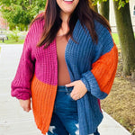 Dazzle In Magenta & Navy Chunky Knit Color Block Cardigan