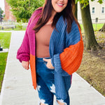 Dazzle In Magenta & Navy Chunky Knit Color Block Cardigan