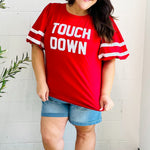 Stand Out Red "TOUCHDOWN" Sequin Bubble Sleeve Game Day Top