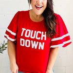 Stand Out Red "TOUCHDOWN" Sequin Bubble Sleeve Game Day Top