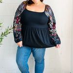 Charming Black Square Neck Border Print Bubble Sleeve Top