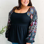 Charming Black Square Neck Border Print Bubble Sleeve Top