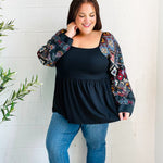 Charming Black Square Neck Border Print Bubble Sleeve Top