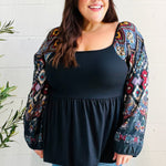 Charming Black Square Neck Border Print Bubble Sleeve Top