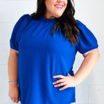 Lovely In Holiday Blue Frill Mock Neck Woven Top