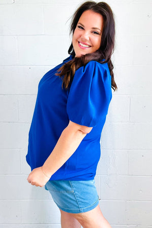 Lovely In Holiday Blue Frill Mock Neck Woven Top