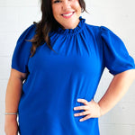 Lovely In Holiday Blue Frill Mock Neck Woven Top