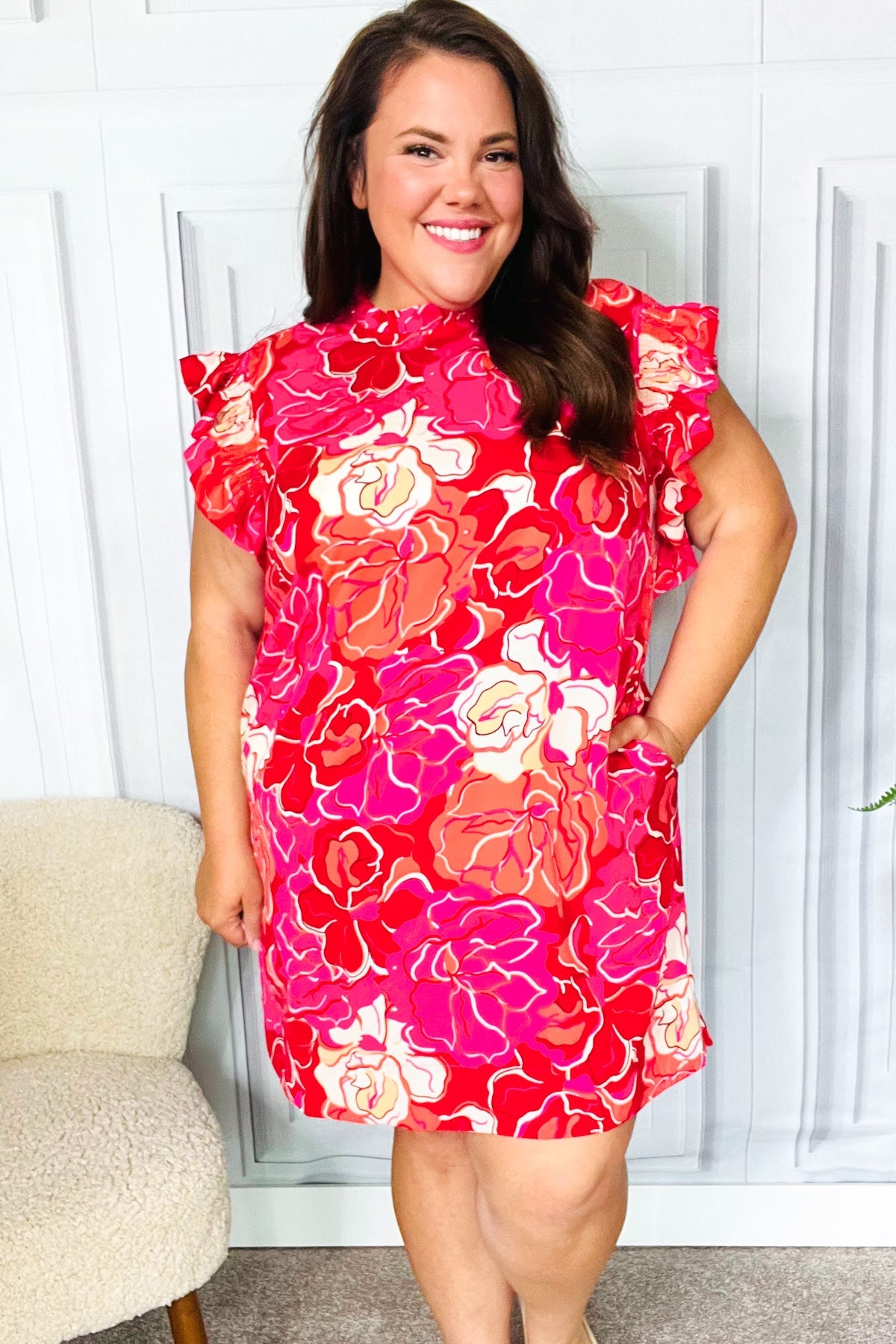 True Love Pink & Red Floral Smocked Ruffle Sleeve Dress