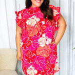 True Love Pink & Red Floral Smocked Ruffle Sleeve Dress