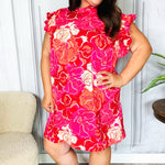 True Love Pink & Red Floral Smocked Ruffle Sleeve Dress