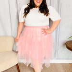 Feeling Femme' Blush Asymmetric Tiered Tulle Midi Skirt