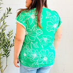 Follow Me Emerald Floral Ric Rac Trim Flutter Sleeve Top