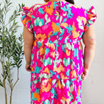 Look of Love Fuchsia Abstract Floral Print Smocked Ruffle Sleeve Dress