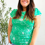 Follow Me Emerald Floral Ric Rac Trim Flutter Sleeve Top