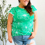 Follow Me Emerald Floral Ric Rac Trim Flutter Sleeve Top