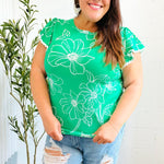 Follow Me Emerald Floral Ric Rac Trim Flutter Sleeve Top