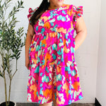 Look of Love Fuchsia Abstract Floral Print Smocked Ruffle Sleeve Dress